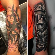 two different tattoos on the legs of people, one with an image of a man's face