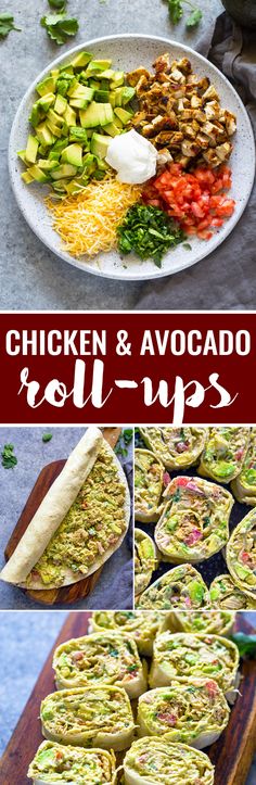 chicken and avocado roll - ups on a cutting board with ingredients in the background