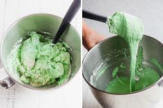 two pictures side by side one with green and the other has black spoons in it