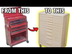 an old dresser has been turned into a toolbox with wheels and drawers on it