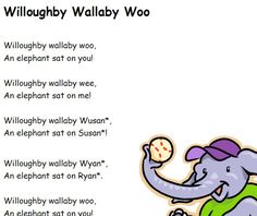 an elephant is playing with a ball in front of the words,'wallaby walby woo '