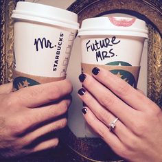 two people holding coffee cups with the words future mrs on them