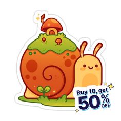 a sticker with an image of a snail on it's back, and the words buy 10 get 50 % off