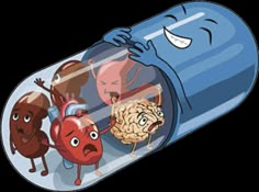 an image of cartoon characters in a capsule filled with blood and other medical items on white background