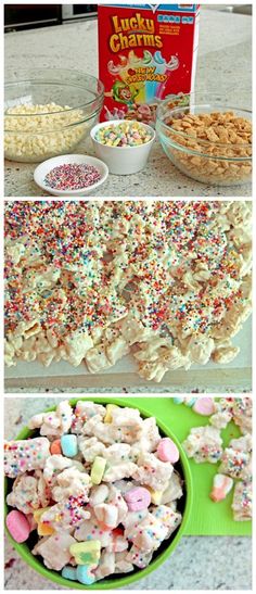 an assortment of desserts and snacks on display at a party or birthday party with sprinkles