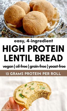 the ingredients for high protein lentil bread are shown in this collage with text overlay