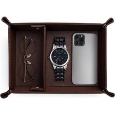 an iphone and watch in a brown leather case with sunglasses, eyeglasses, and cell phone