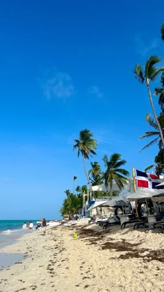 the beach is lined with boats and palm trees