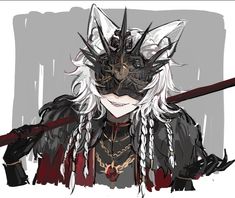 an anime character with white hair and black makeup holding two swords in her hands, wearing a horned mask