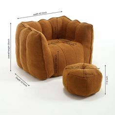 a brown chair and ottoman with measurements for the seat up to it's foot