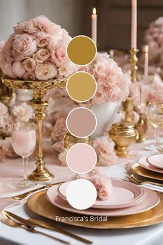 the table is set with pink and gold plates, silverware, flowers and candles