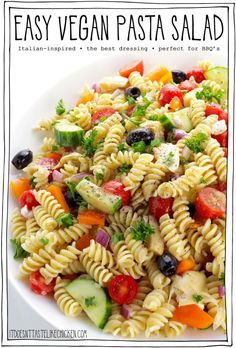 pasta salad in a white bowl with the title text overlay reads easy vegan pasta salad