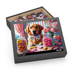 a puzzle box with a dog wearing a bow tie sitting in front of some candy