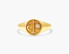 14K Yellow Gold Libra Zodiac Signet Ring. Libra is symbolized by the scale which represents equality, balance and justice. Harmony will always be a priority for the fair minded Libra. Inspired by mythological imagery, our Zodiac Signet Ring collection is the perfect talisman to channel this energy. Libra Signet Ring, Libra Ring, Aries And Libra, Zodiac Rings, Locket Bracelet, Libra Zodiac, Ring Collection, Jewelry Essentials, The Fair