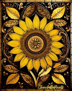 a sunflower painted on the side of a stained glass window