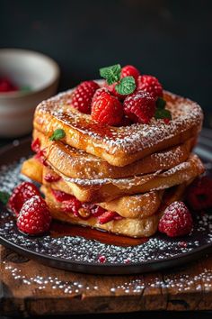 a stack of pancakes covered in powdered sugar and topped with raspberries on a black plate