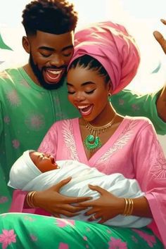 a painting of a man and woman holding a baby in their arms while smiling at each other