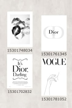 four different types of posters with the names and numbers in black, white, and grey