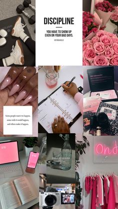 pink and black collage with different items