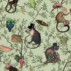 an animal themed wallpaper with monkeys, grapes and other things on the tree branches