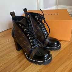 Louis Vuitton Boots - Iconic Monogram Print On The Sides - Worn About 10 Times (They Are Practically New) - Comes In The Original Box - Comes With Two Dust Bags - Comes With An Extra Pair Of The Shoe Laces - They Are Authentic Louis Vuitton Boots. - I Absolutely Love These Shoes! But Ready To Get A New Type Of Style. Shoes Louis Vuitton, Louis Vuitton Boots, Monogram Prints, Louis Vuitton Shoes, Types Of Fashion Styles, Shoes Heels Boots, Authentic Louis Vuitton, Shoes Women Heels, Shoe Laces