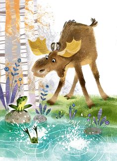 an illustration of a moose and frog in the woods with water, grass and flowers