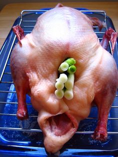 a whole chicken sitting on top of a blue tray