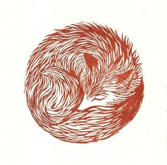 a red ink drawing of a curled animal