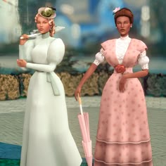 two women in dresses and umbrellas standing next to each other