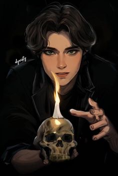 a drawing of a person holding a skull with a candle in it's hand