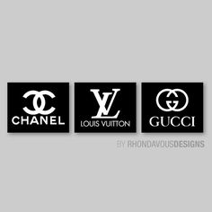 three black and white logos with the words chanel, louis vuitton, gucci