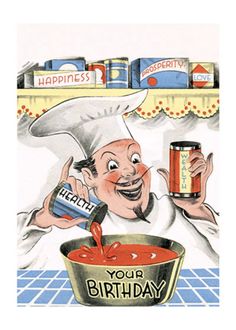 a cartoon chef holding a can of soda and pouring it into a bowl with the words happy birthday on it