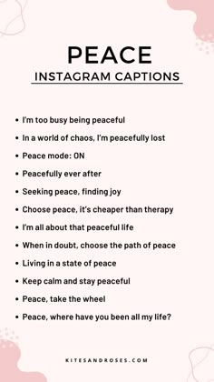 a pink and white poster with the words peace in black on it, including an instagram