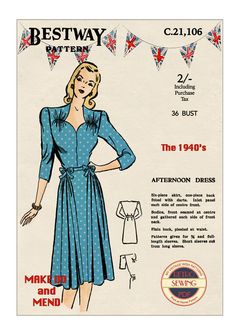 This 1940s afternoon dress has a six piece skirt, one-piece back fitted with darts and an inlet  panel at each side of centre front.  The bodice front is seamed at the centre and  gathered each side of front neck, the back is  plain and pleated at waist. You can choose to have , short 3/4 or long  sleeves on this one. It's finished with a simple belt trimmed with bows either side to sit over the inlet panel of the skirt To fit Bust 36 - Hip 40 (no waist given) The pattern comes with basic instru Tea Dress Pattern, 1940s Wartime, 1940s Tea Dress, 40's Fashion, Forties Fashion, Simple Belt, Sewing Guide, Sewing Alterations