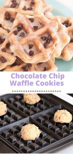 chocolate chip waffle cookies on a pan with the words, chocolate chip waffle cookies