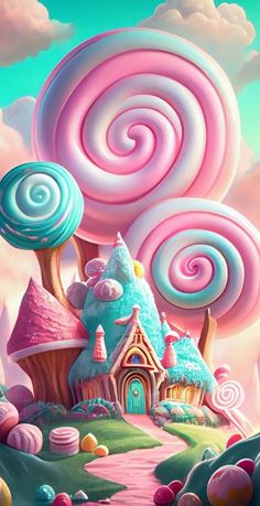 a painting of a candy land with lots of colorful lollipops in the sky