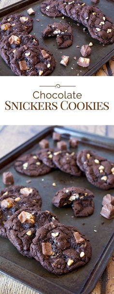 chocolate snickkers cookies on a cookie sheet with the words, chocolate snickkers cookies