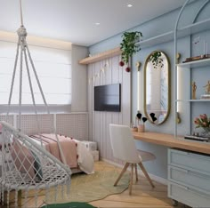 a white hammock hanging from the ceiling in a bedroom next to a desk