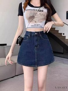 Lasaky - High-Waisted Denim Mini Skirt: Loose Fit A-Line Silhouette for Pear-Shaped Figures Short Flared Skirt, High Waisted Short Skirt, Short Wrap Skirt, Wrap Around Skirt, Beautiful Shorts, Half Skirt, Long Sleeve Short Dress, Casual Skirt, Skirt Design