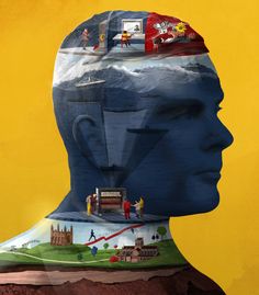 a man's head with an image of people and buildings on the top of it