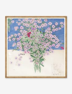 a painting with pink and purple flowers in it on a white wall next to a blue background