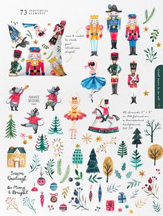 an illustrated christmas card with nutcrackers, trees and other holiday decorations on it