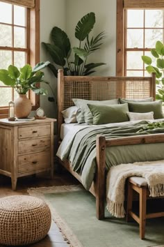 a bed room with a neatly made bed and plants