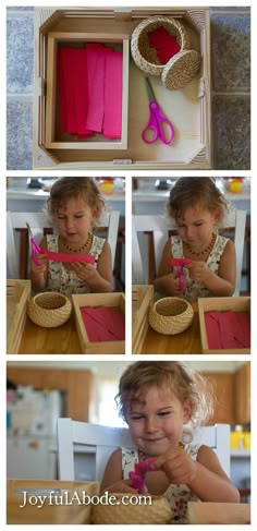 a collage of photos showing how to make a paper basket with scissors and yarn