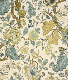 an upholstered floral wallpaper with blue, yellow and green flowers on it