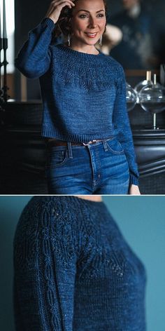 a woman in blue sweater and jeans posing for the camera with her hand on her head