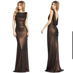 Ieena For Mac Duggal Brown Metallic Cowl Back Column Gown Maxi New W/ Tags Size 0 Retail $338 Style 49087 Metallic Jersey Fabric (100% Polyester) Fully Lined Through Body Boat Neck Sleeveless Cowl Open Back Cascading Ruffle Detail Featured On Back Of Skirt Concealed Side Zipper Approx. 62.5" From Top Of Shoulder To Bottom Hem Armpit To Armpit: 16" Across Waist: 13" Features: Maxi, Column, Bodycon, Stretch Condition: New With Tags Mac Duggal Dress, Mac Duggal Dresses, Pleated Gown, Black Tie Wedding Guests, Drape Gowns, Halter Gown, Evening Formal, Evening Gown Dresses, One Shoulder Gown