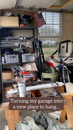 a garage filled with lots of clutter and items