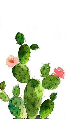 a watercolor painting of a cactus with pink flowers