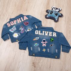 Product Title: Personalized Denim Jacket for Kids | Custom Name & Cartoon Design | Stylish Children's Fashion Description: This fashionable denim jacket is a must-have for your little one! Featuring your child's name and a customizable cartoon design on the back, this jacket is both trendy and fun. The variety of cartoon options allows you to choose designs that match your child's personality, adding a playful and unique touch to their wardrobe. Perfect for showcasing your child's individuality Denim Patch Jacket, Patch Jean Jacket, Jean Jacket Patches, Kids Denim Jacket, Patch Jacket, Denim Jacket Patches, Toddler Jeans, Kids Denim, Denim Patches